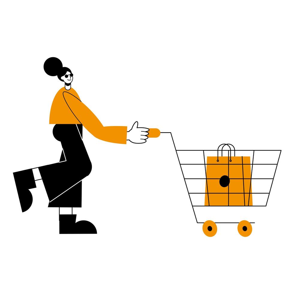 caricatura de mujer con bolsa de compras en diseño de vector de carro