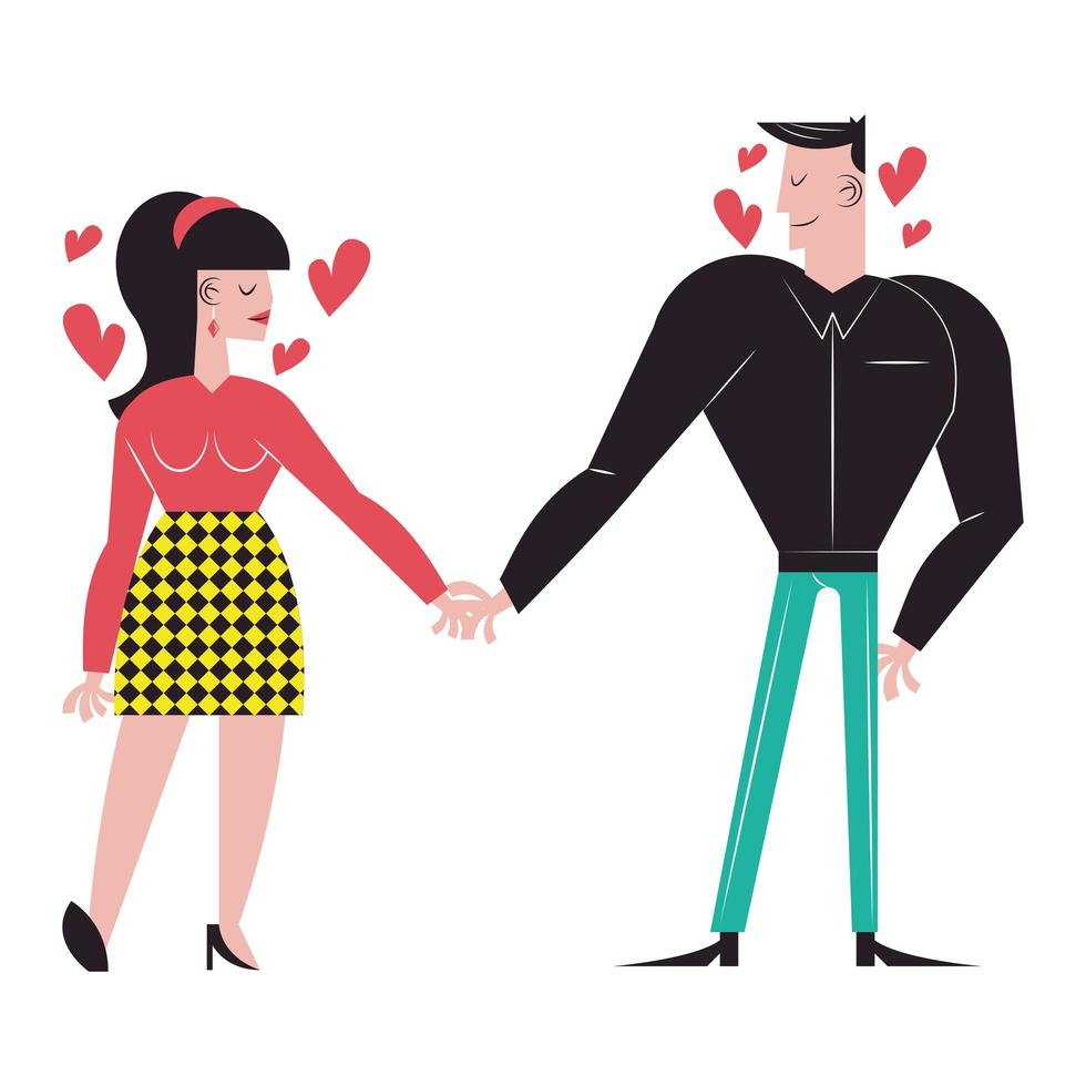 Romantic couple cartoons holding hands with hearts vector design