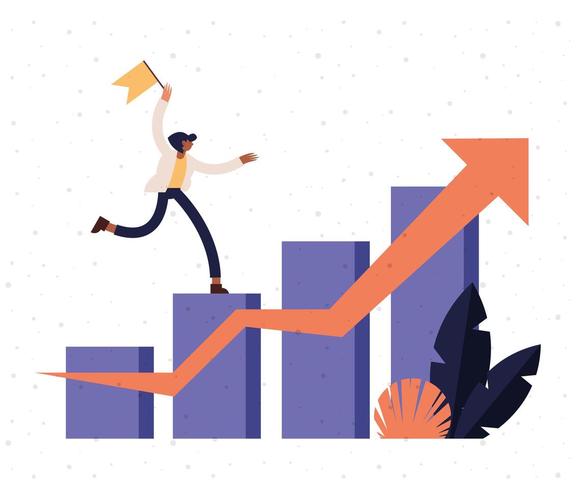 woman cartoon with flag on infographic bars chart with increase arrow vector design