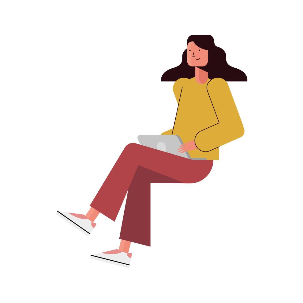 caricatura de mujer sentada con diseño de vector de laptop