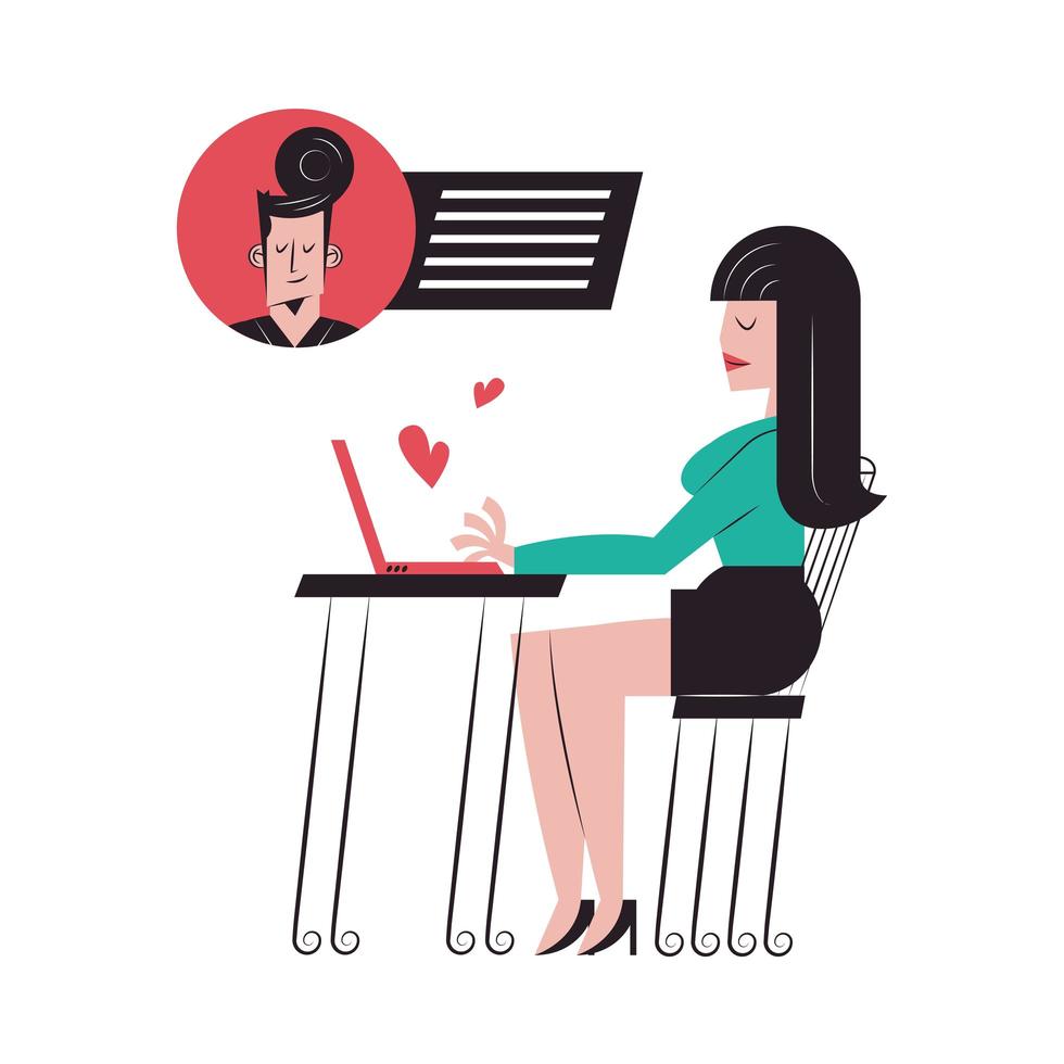 Romantic couple cartoons chatting with laptop at table vector design