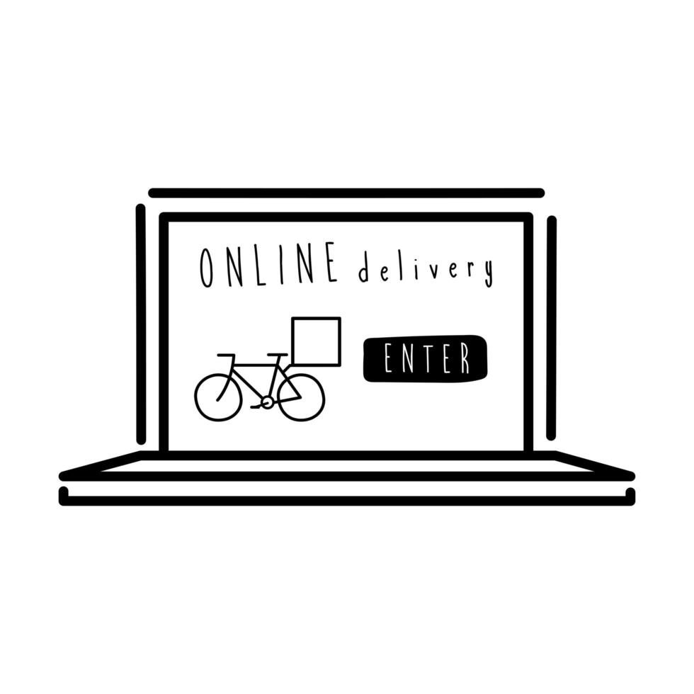 online delivery lettering campaign with bycicle in laptop line style vector
