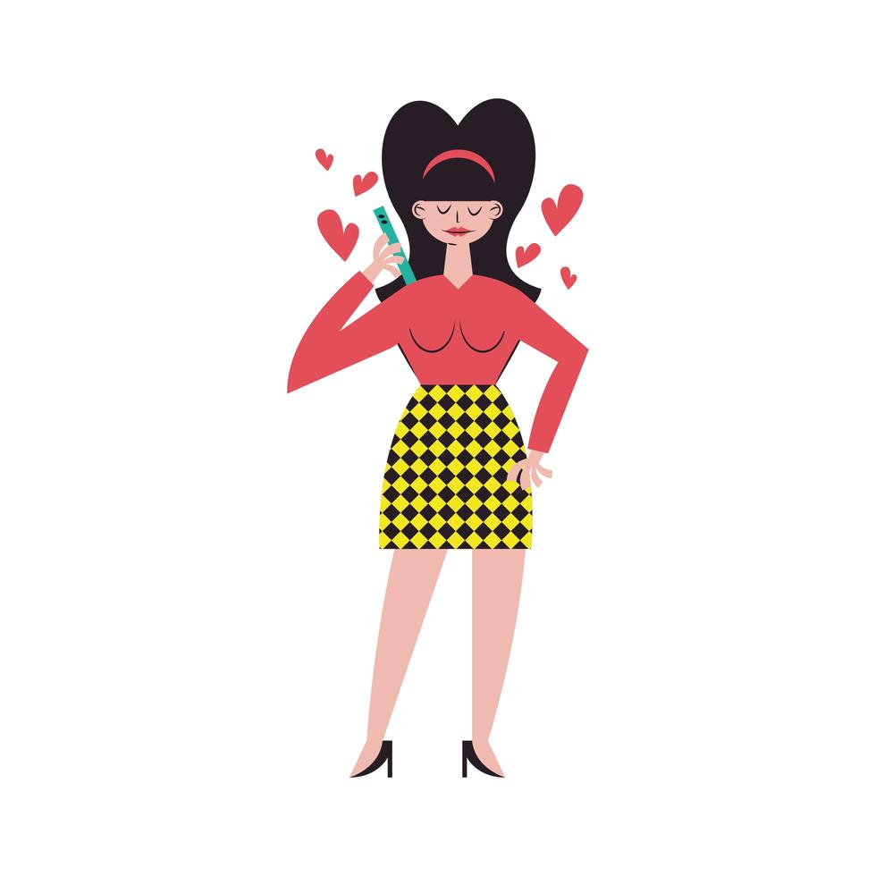 Woman cartoon with hearts and smartphone calling vector design