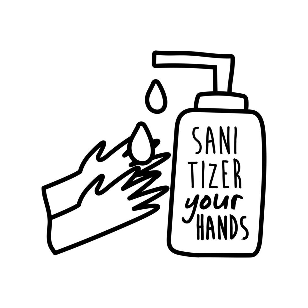 sanitizer your hands lettering campaign in bottle hand made line style vector