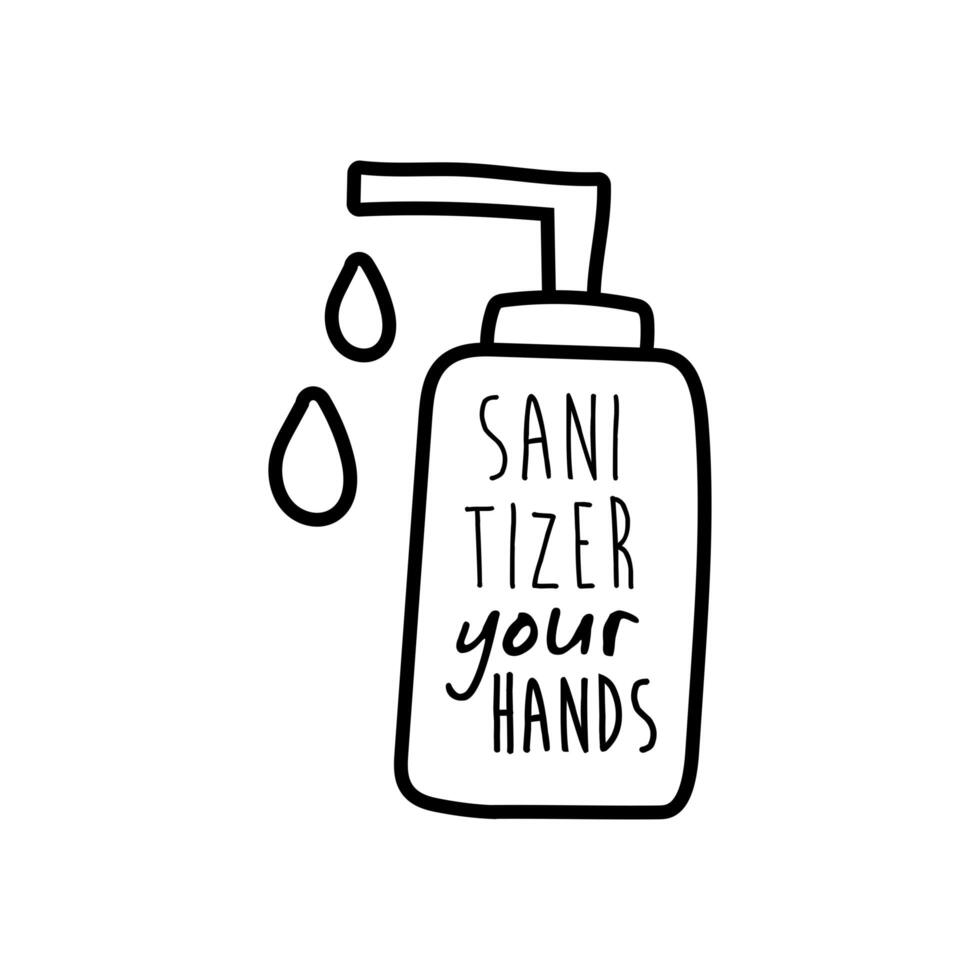 sanitizer your hands lettering campaign in bottle hand made line style vector