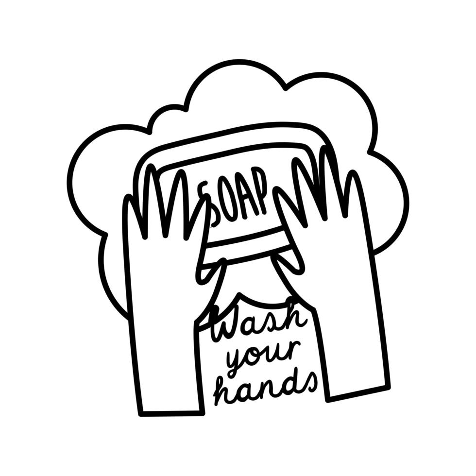 Lávese las manos campaña de letras con estilo de línea de barra de jabón vector