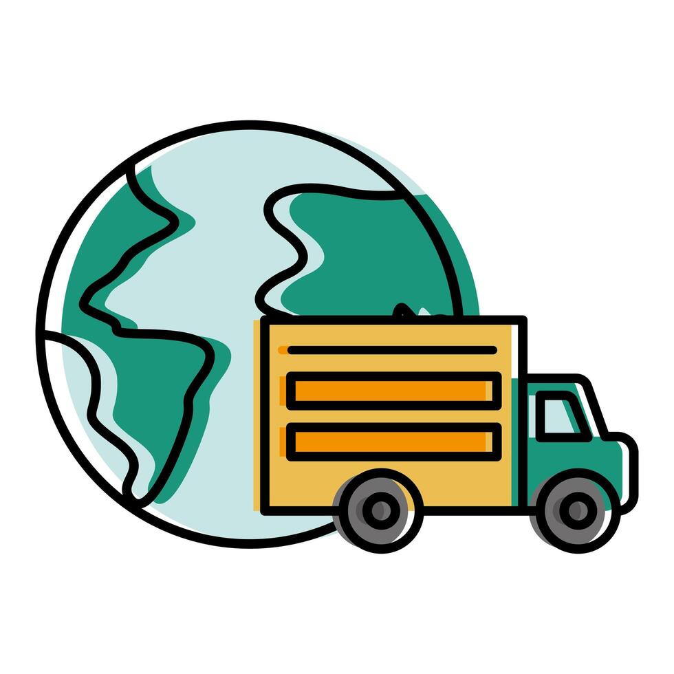 Delivery truck in front of world vector design