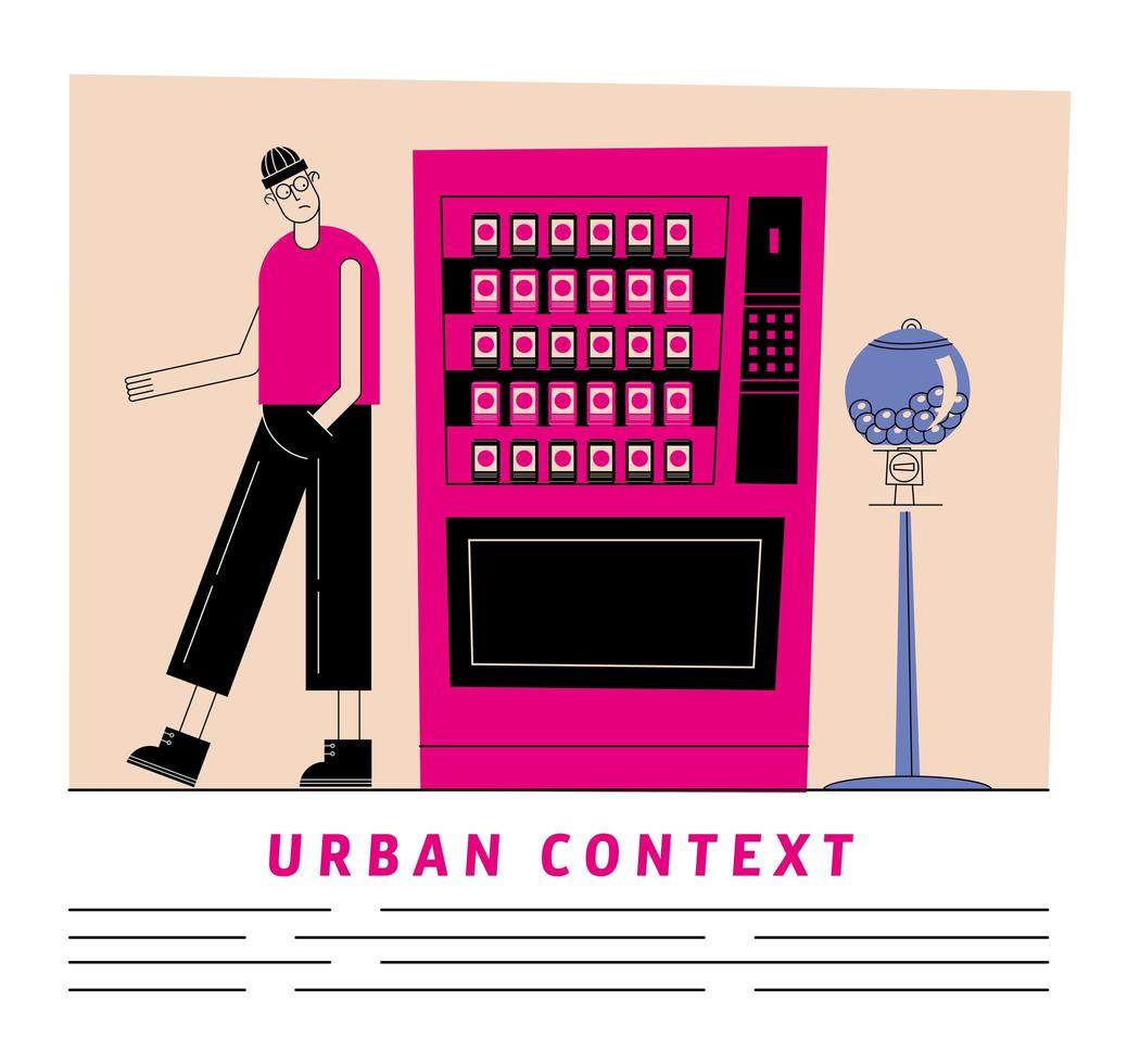 Urban and city man with sodas fridge and candies sphere vector design