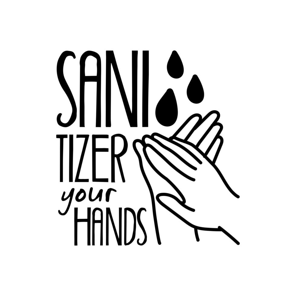 sanitizer your hands lettering campaign hand made line style vector
