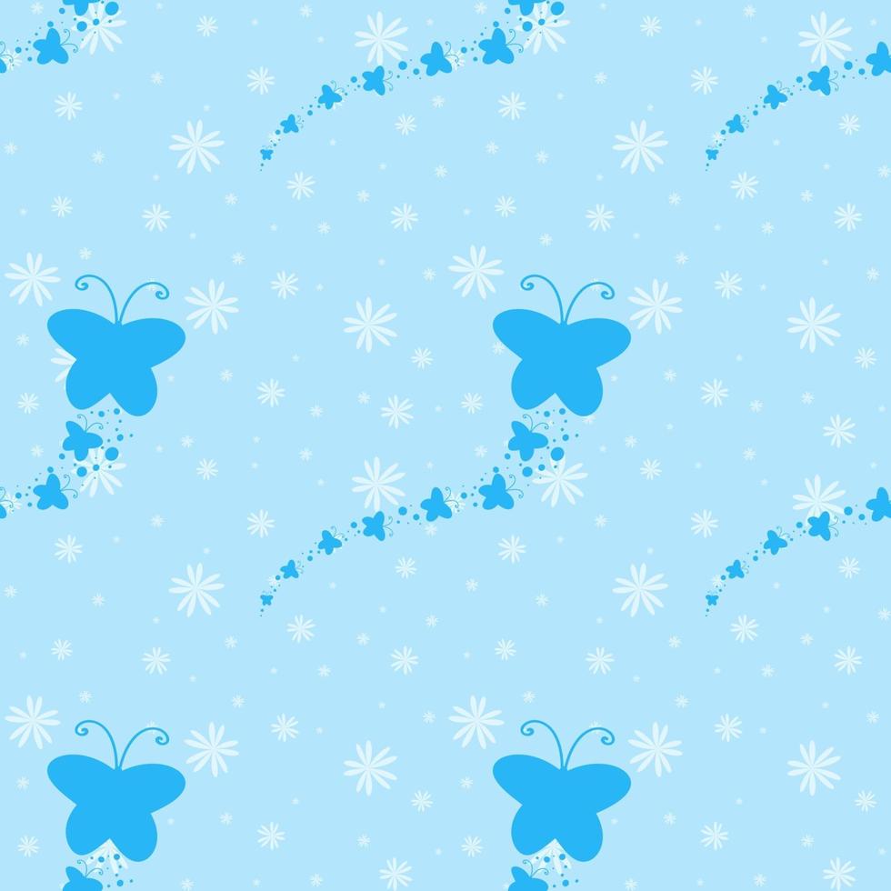 Color seamless pattern of cute blue silhouettes of butterflies on a background of falling small flowers. Simple flat vector illustration. Suitable for Wallpaper, fabric, wrapping paper, covers.