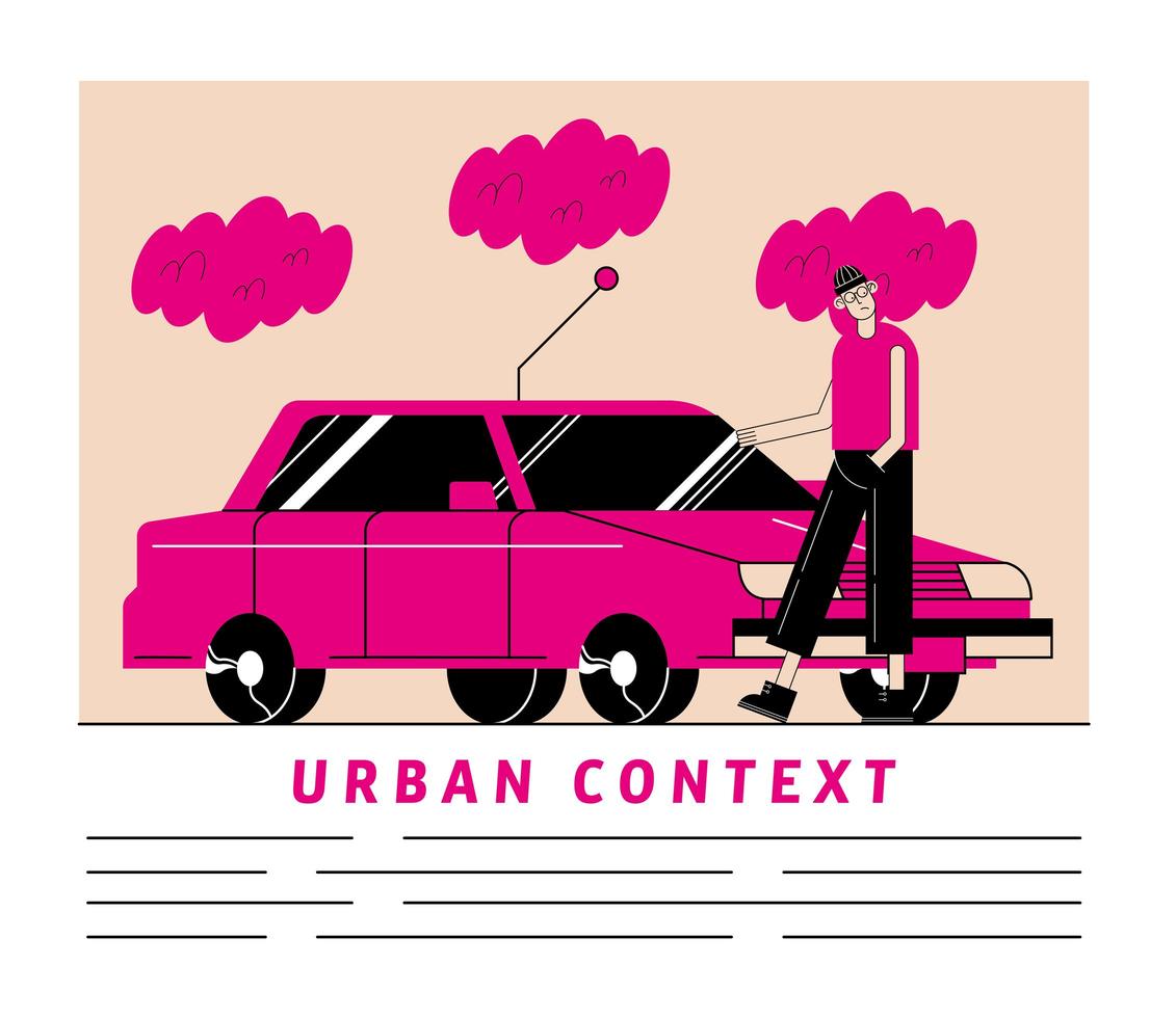 Diseño de vector de dibujos animados de coche y hombre rosa urbano y urbano