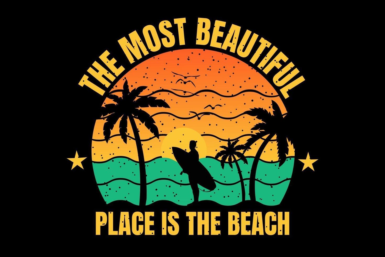 camiseta silueta surf hermosa playa puesta de sol estilo retro vector