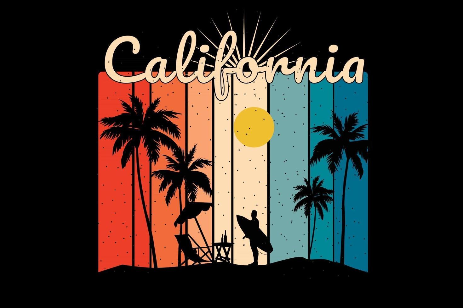 camiseta silueta playa california atardecer estilo retro vector