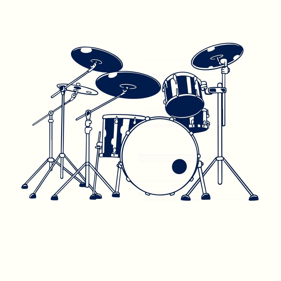 Vector hand drawn illustration of drum kit isolated on white background. Old vintage sketch drawn engraving electronic drum band set. Modern electric digital percussion music instruments concept