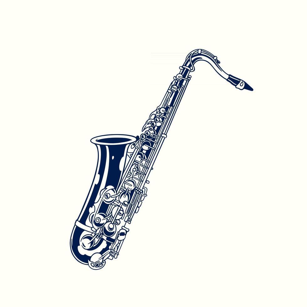 boceto dibujado a mano de saxofón diseño retro. Instrumento de música clásica de jazz en dibujos animados aislado. concepto de herramienta musical de viento. ilustración vectorial en estilo vintage grabado sobre fondo blanco vector