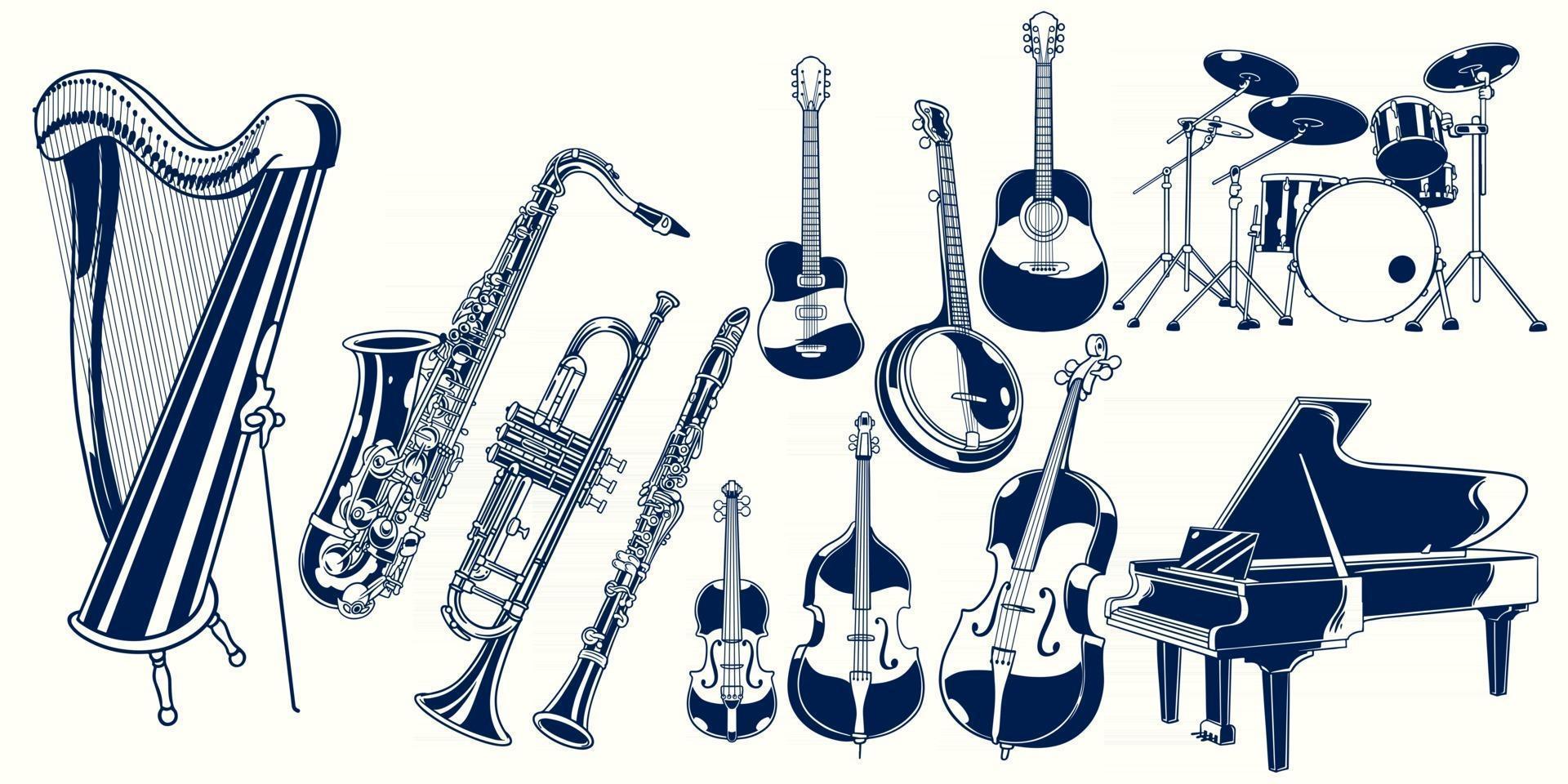 Set collection of musical instruments. Piano, violin, drum set, acoustic guitar, clarinet, trumpet, saxophone, banjo, double bass, harp, cello. Classical jazz instrument vector hand drawn illustration