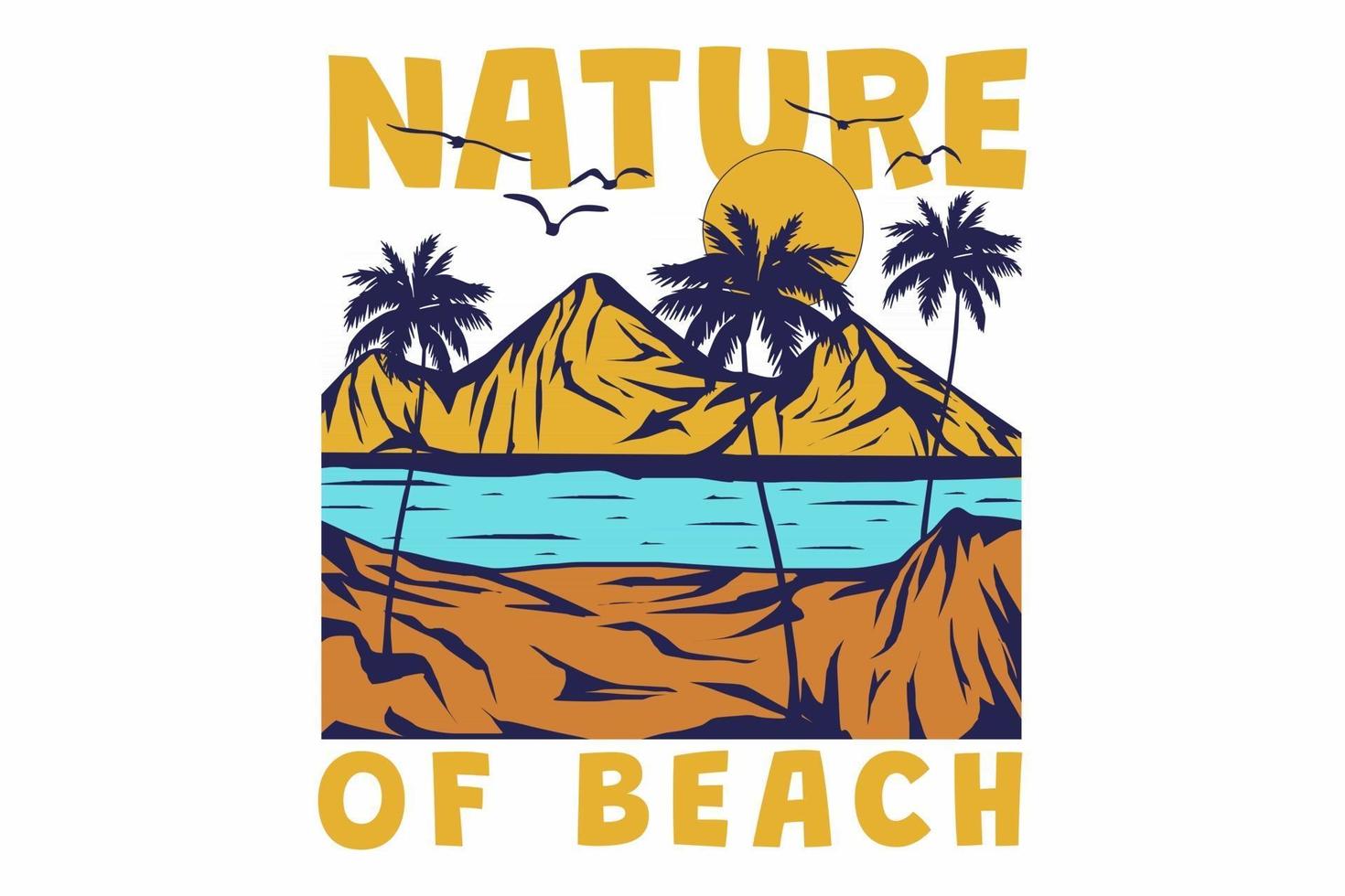 camiseta retro playa montaña árbol naturaleza estilo vintage dibujado a mano vector