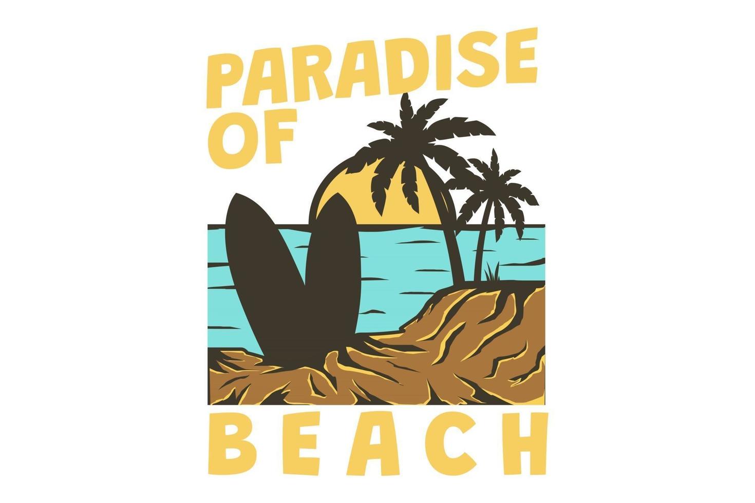 camiseta paraíso playa mar surf atardecer retro estilo vintage dibujado a mano vector