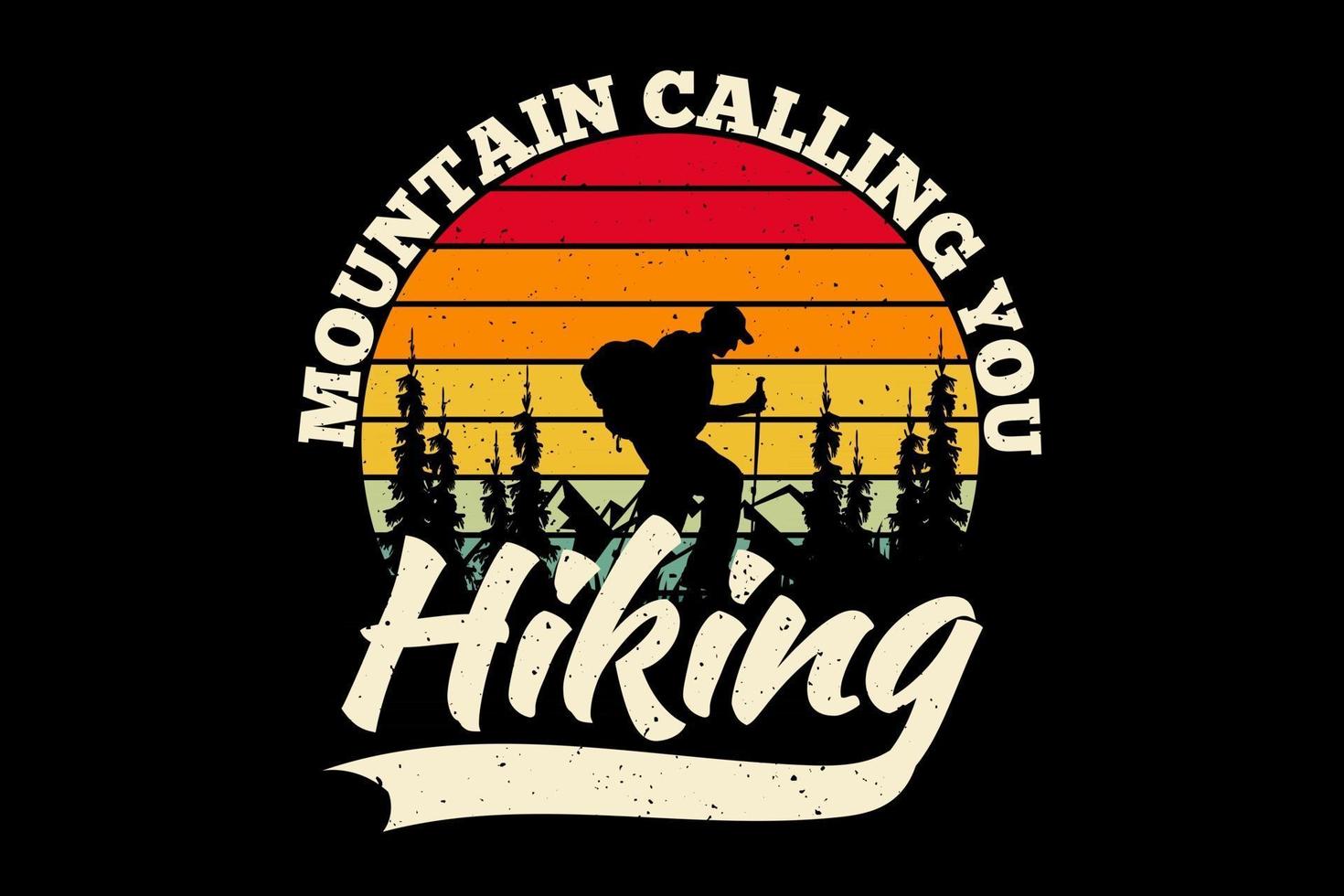 camiseta silueta senderismo montaña llamando pino estilo retro vector