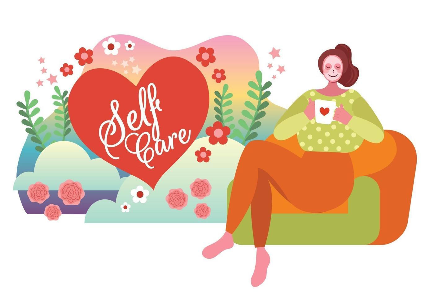 rest time girl drinking coffee self care concept vector