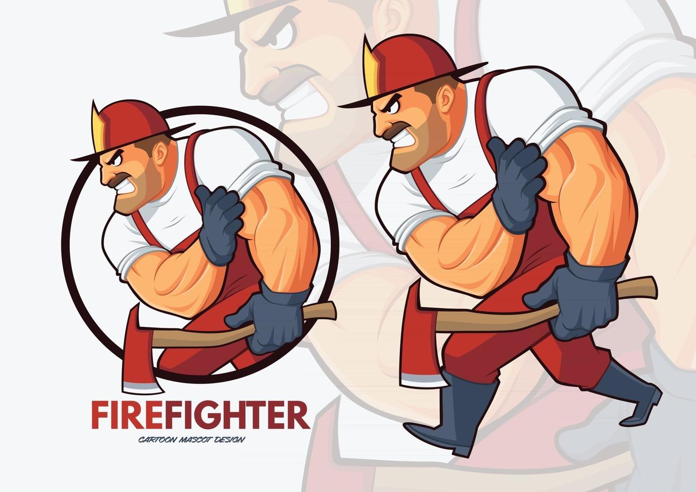 diseño de mascota de dibujos animados de bombero intrépido vector
