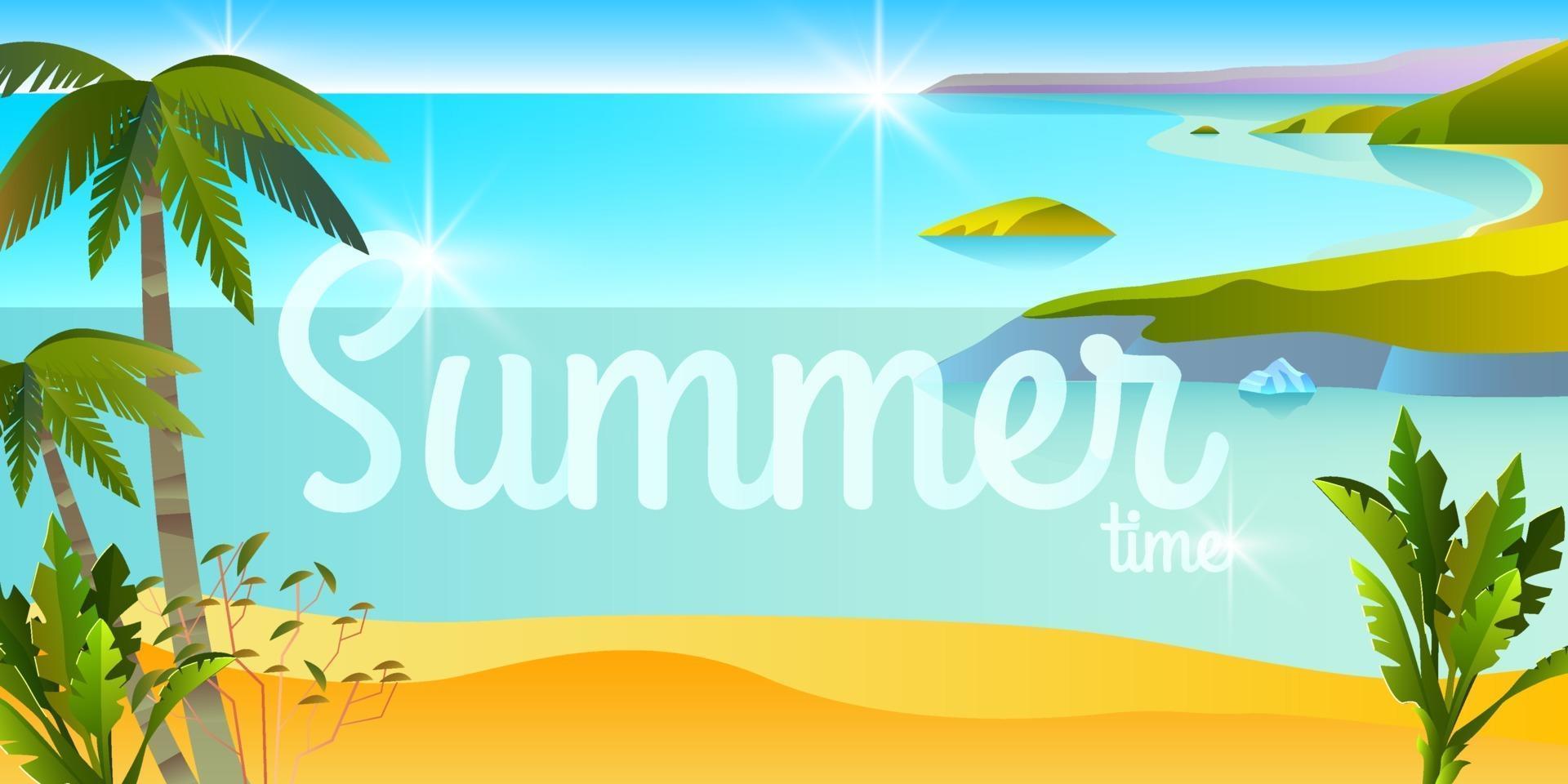 Horizontal tropical summer banner, beach landscape, travel background, ocean, island, palm trees vector