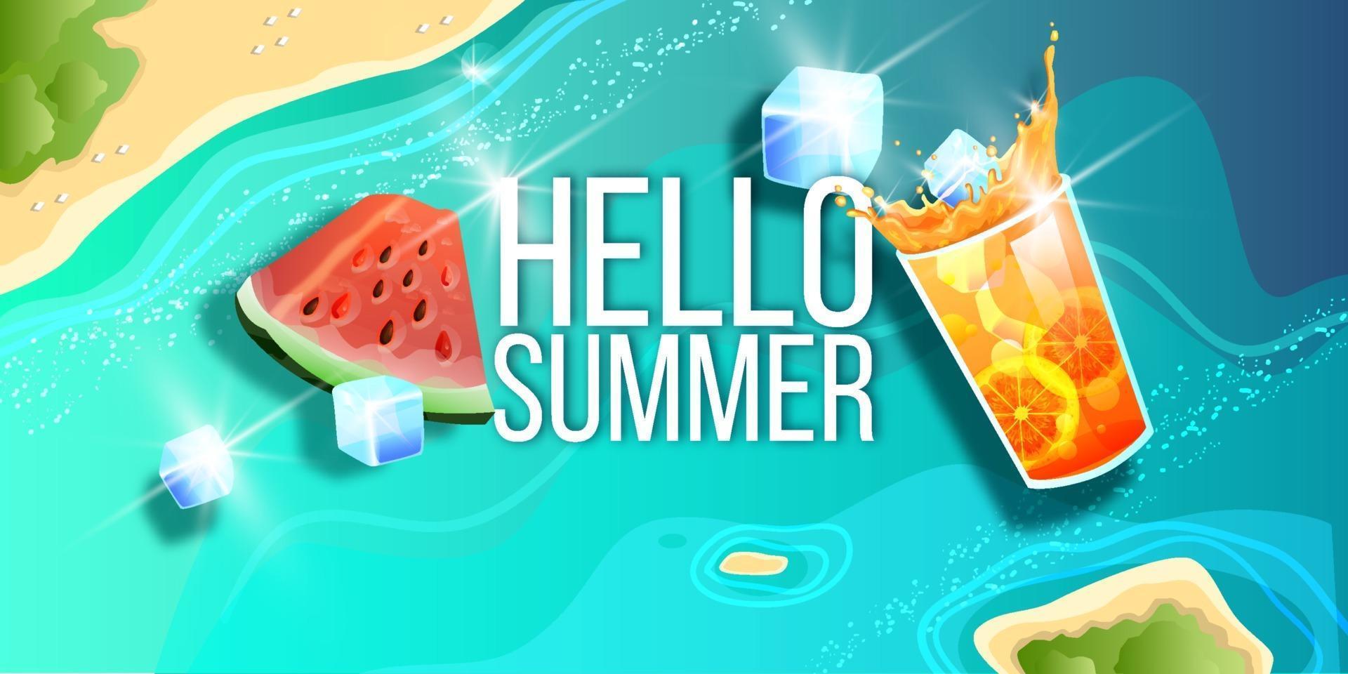 Summer sale banner, season offer background, tropical island top view, watermelon, ice lemonade vector