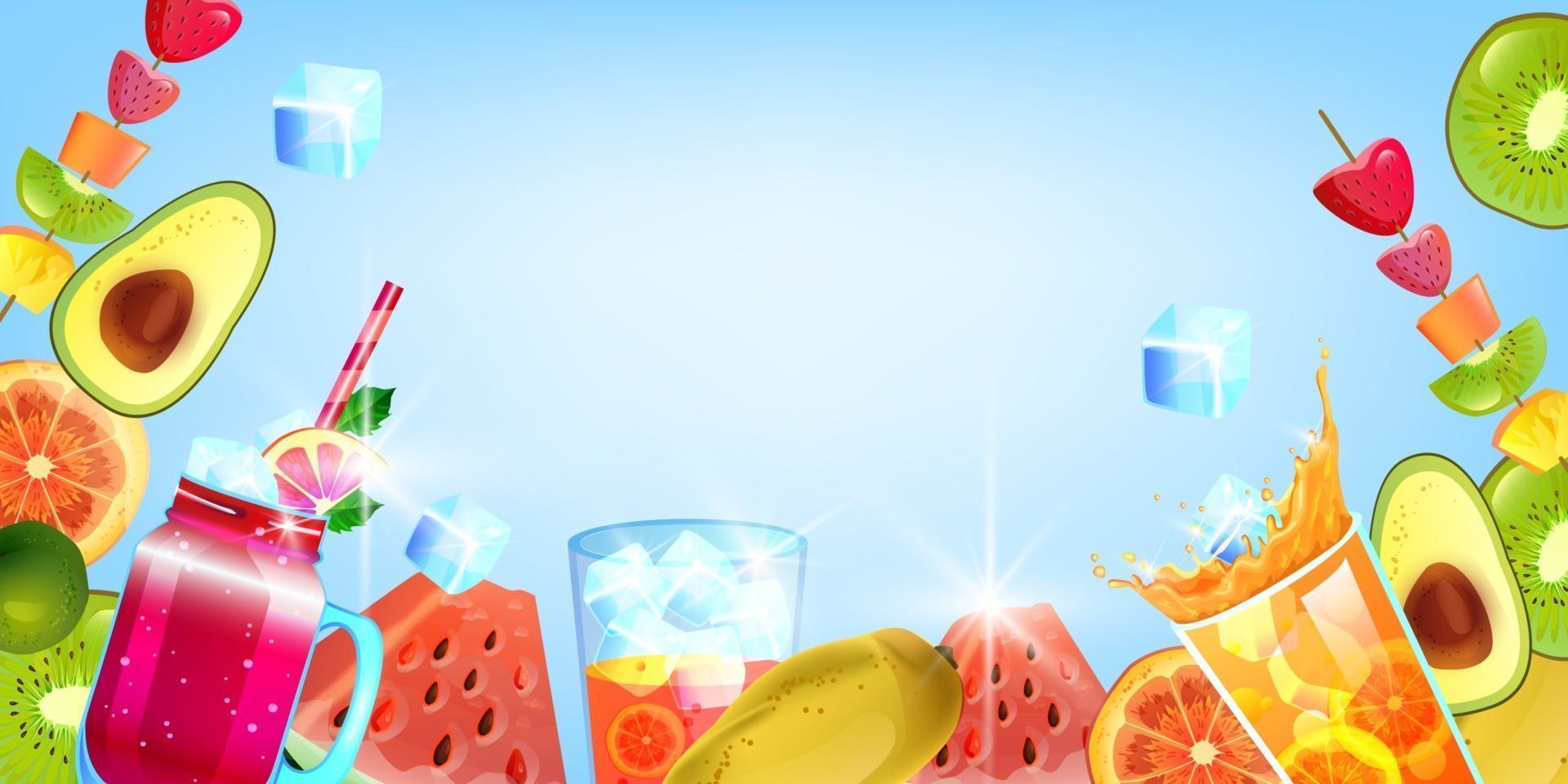 banner de verano, volante de vacaciones exóticas, fruta tropical, bebida helada fría, sandía, fondo azul vector
