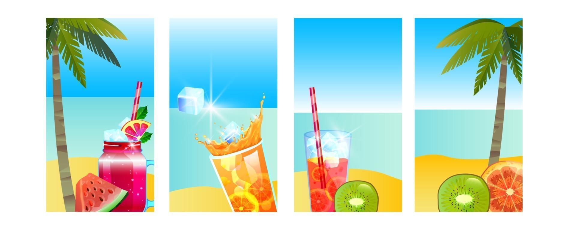 banner de vacaciones de verano, conjunto de fondo de playa de isla tropical, océano, bebidas frías, palma, fruta vector