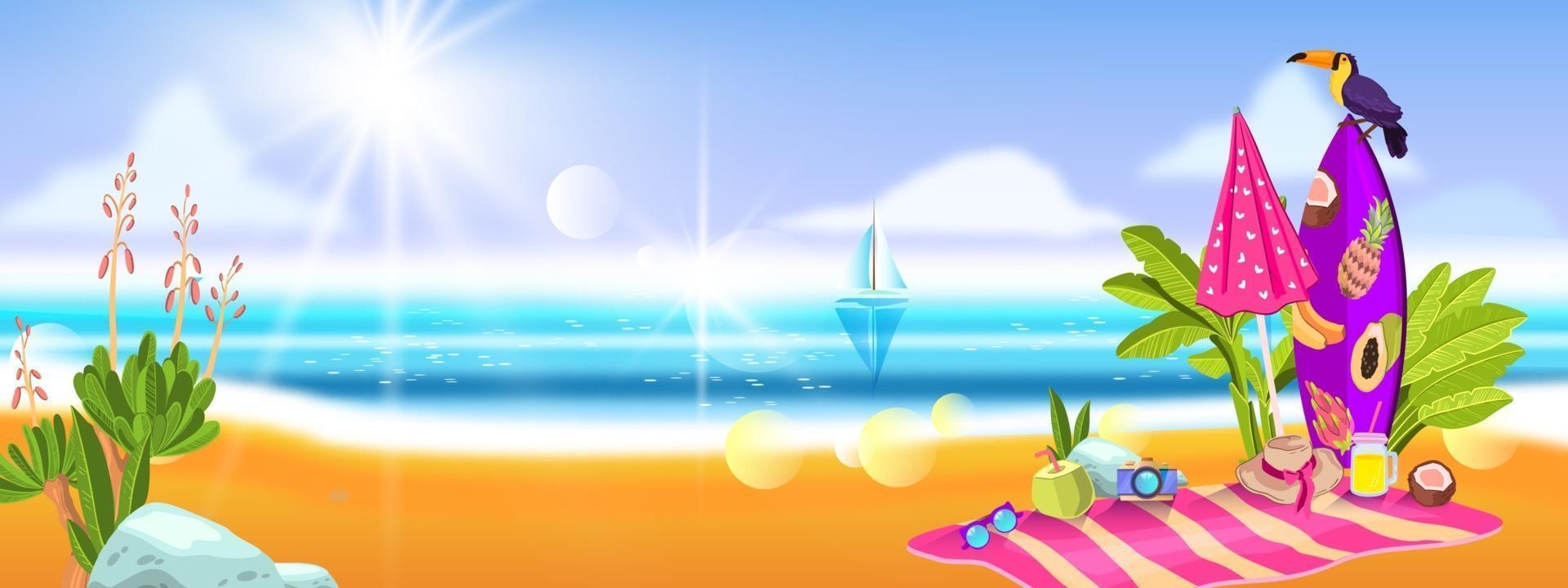 Summer vacation banner with ocean, sand, tropical plants, toucan, surfboard, umbrella, towel vector