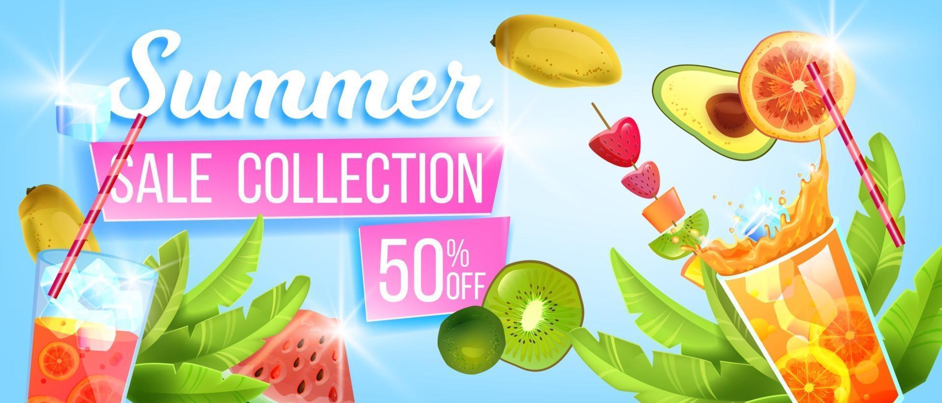 Summer sale collection banner, hot discount offer, tropical fruit, watermelon, cold beverages vector