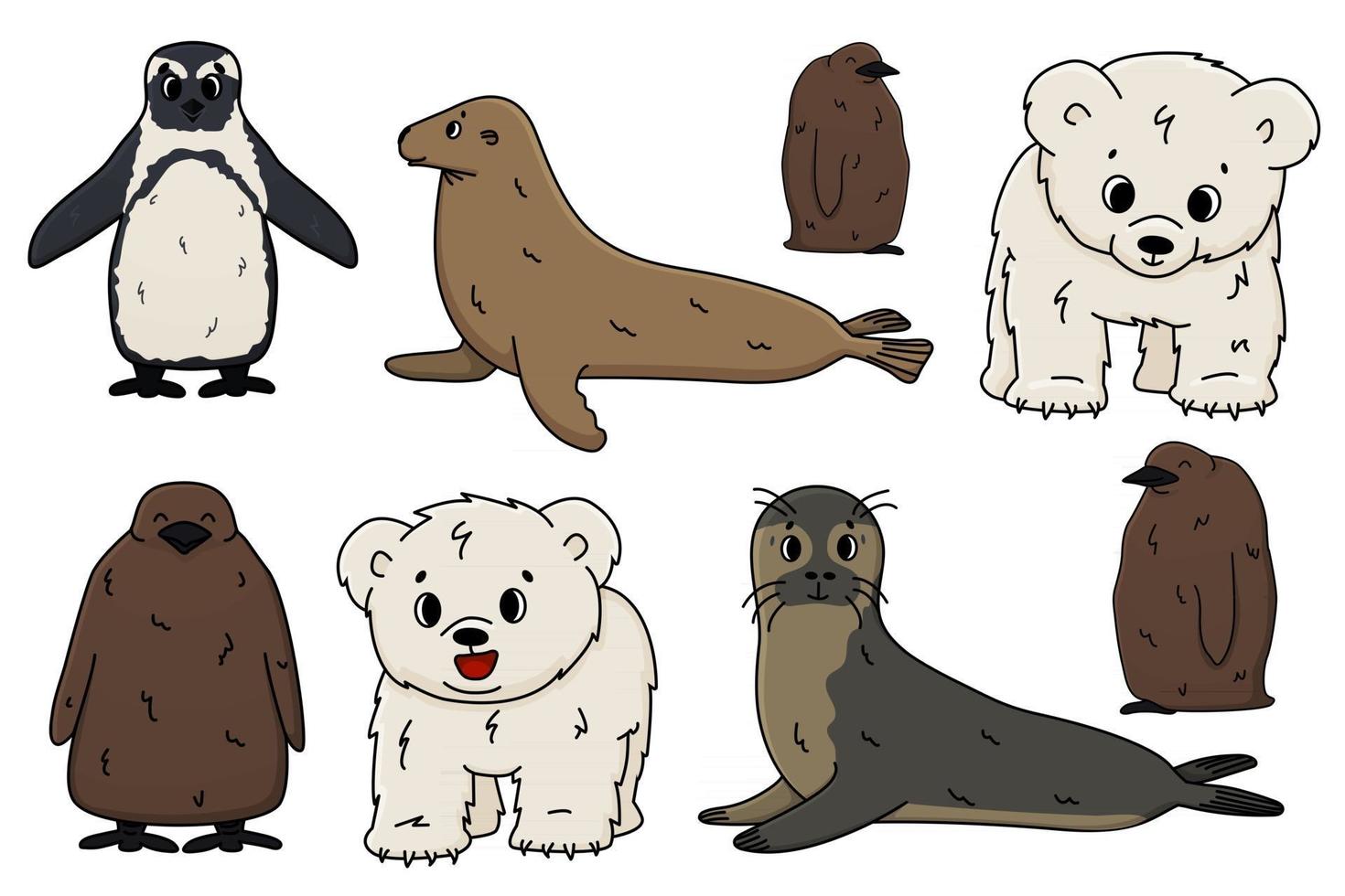 Vector Penguin, king penguin chick, fur seal, polar bear cub, small Common seal. Set of isolated small cartoon outline cute sea and ocean animals for kids book, stickers or prints for clothes