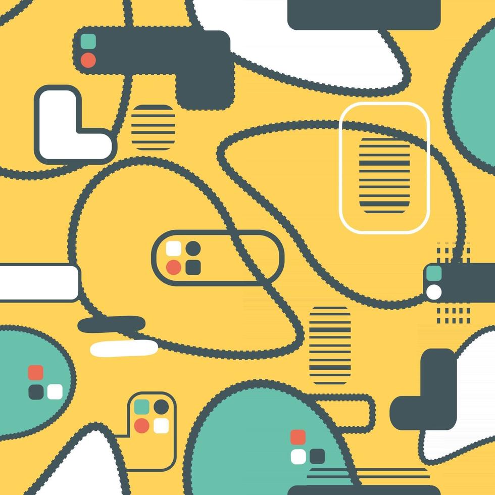 Abstract bright mustard or yellow seamless pattern with different silhouette shapes, lines, avocado. Vector print illustration