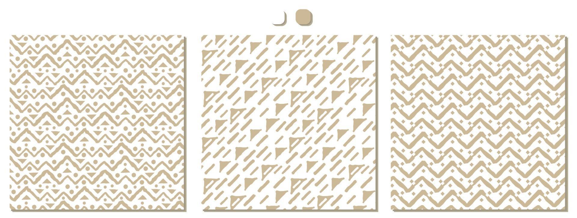 Set of three Simple beige and white Seamless repeat patterns. Drawing consists of a rough broken line and jagged points and other shapes vector