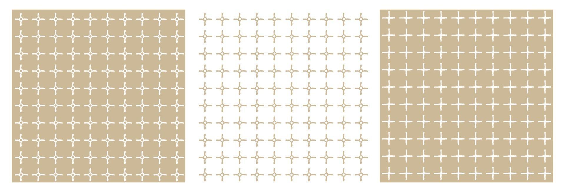Set of three beige and white geometric patterns. Abstract squares and empty dots, intersection of two broken lines. All shapes are distorted vector