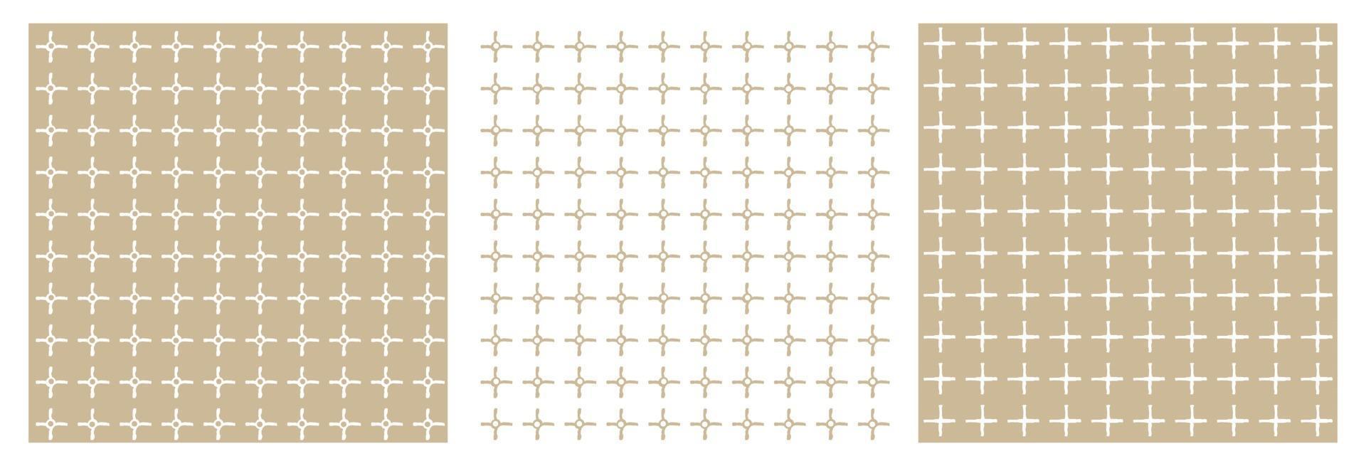 Set of three beige and white geometric patterns. Abstract squares and empty dots, intersection of two broken lines. All shapes are distorted vector