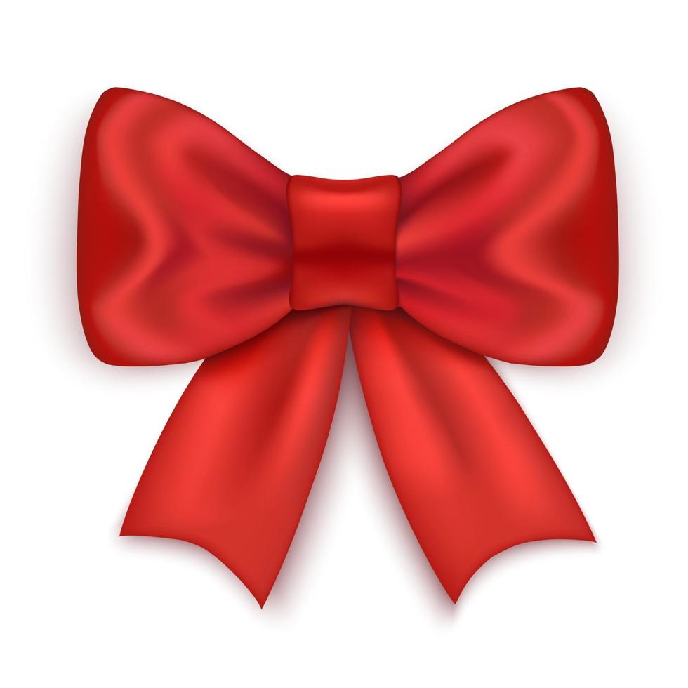 Bright red satin bow with ribbons Festive decoration Isolated on a white background Vector illustration