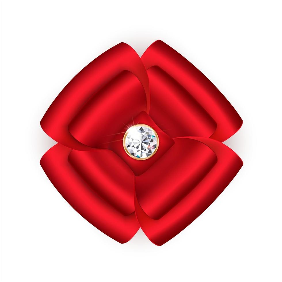 Bright satin bow of red color with ribbons in the shape of a flower with a brilliant stone in the center Festive decoration Isolated on a white background Vector illustration