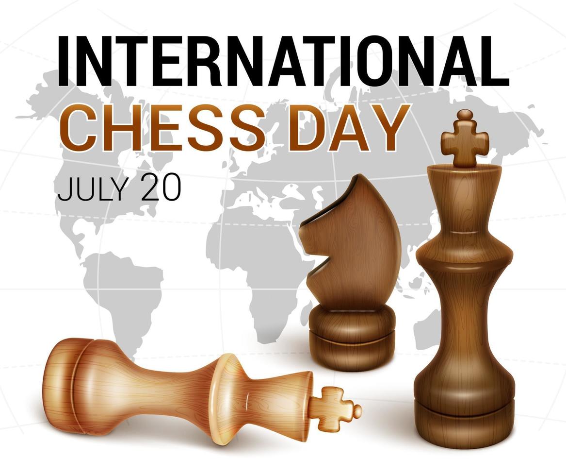 Banner International Chess Day Black king of pieces and white king defeated The figure of a black horse 3D realistic style vector