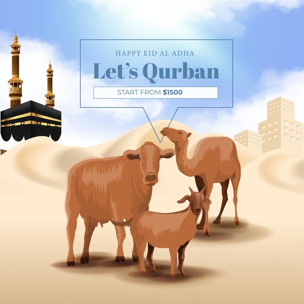 promoción del sacrificio de animales para la fiesta islámica de eid al adha mubarak con ilustración de cabra, vaca y camello vector