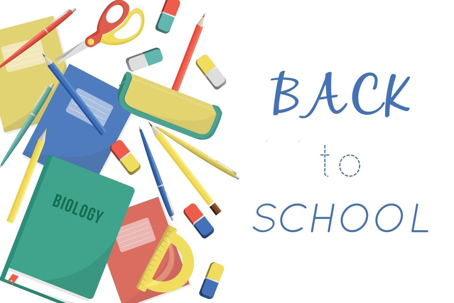 Back to school Color vector illustrations for a poster banner or card with objects stationery books pen ruler globe eraser Concept for 1 September