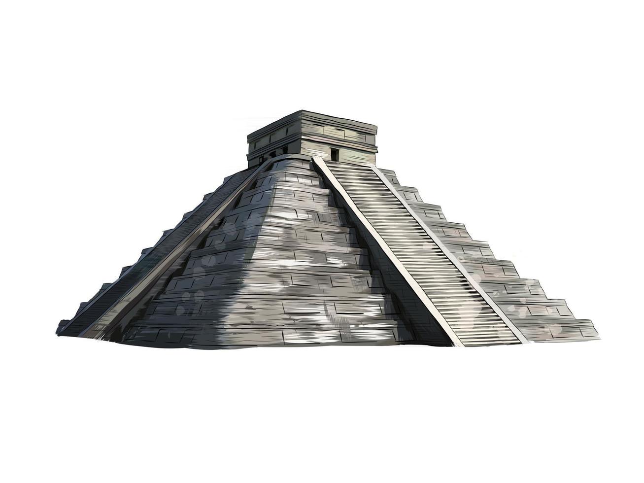 templo de kukulkán, pirámide en chichén itzá, yucatán, méxico de un toque de acuarela, dibujo coloreado, realista. ilustración vectorial de pinturas vector