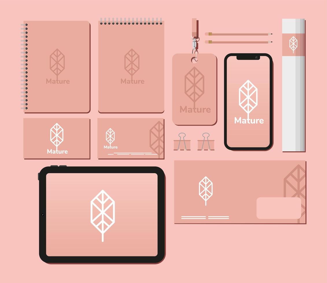 notebooks and bundle of mockup set elements in pink background vector