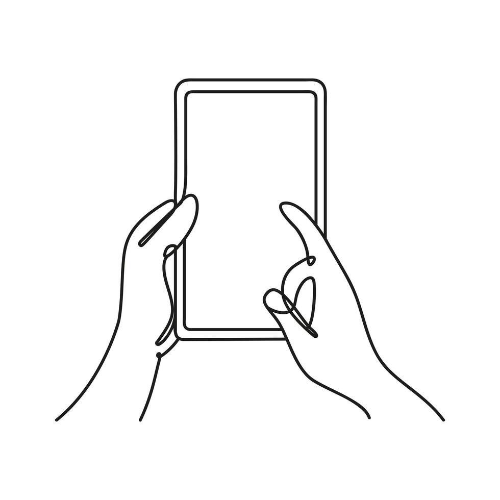 manos usando el icono de estilo de una línea de teléfono inteligente vector