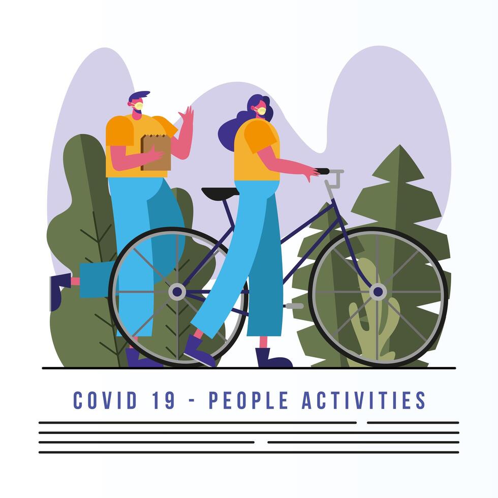 couple wearing medical masks walking with bicycle characters vector