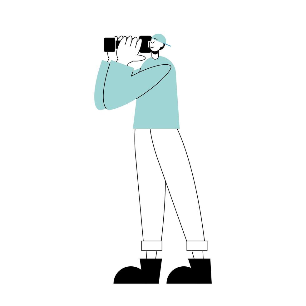 tourist male person character on vacation with camera photographic vector