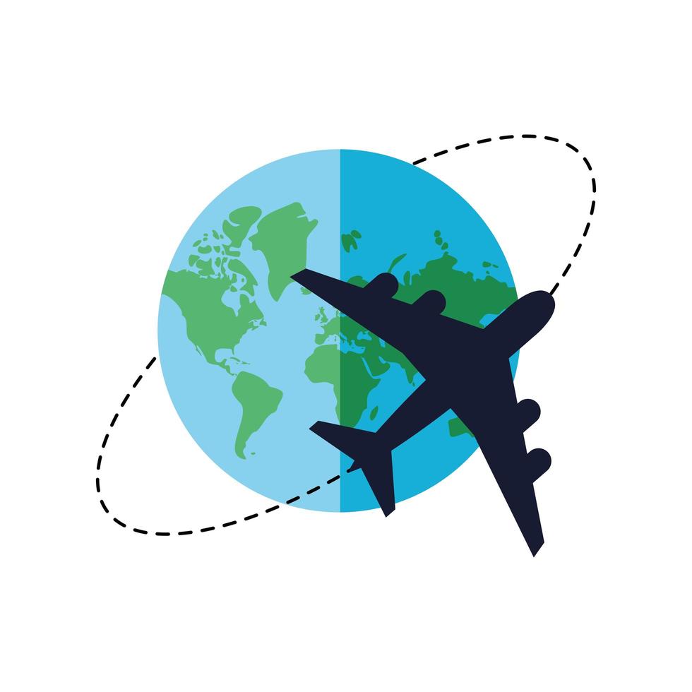 airplane flying around planet earth flat style icon vector