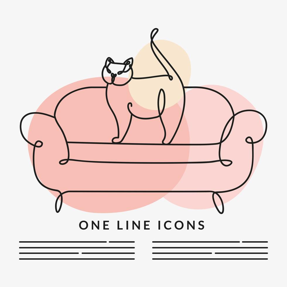 gato en la escena del sofá icono de estilo de una línea vector