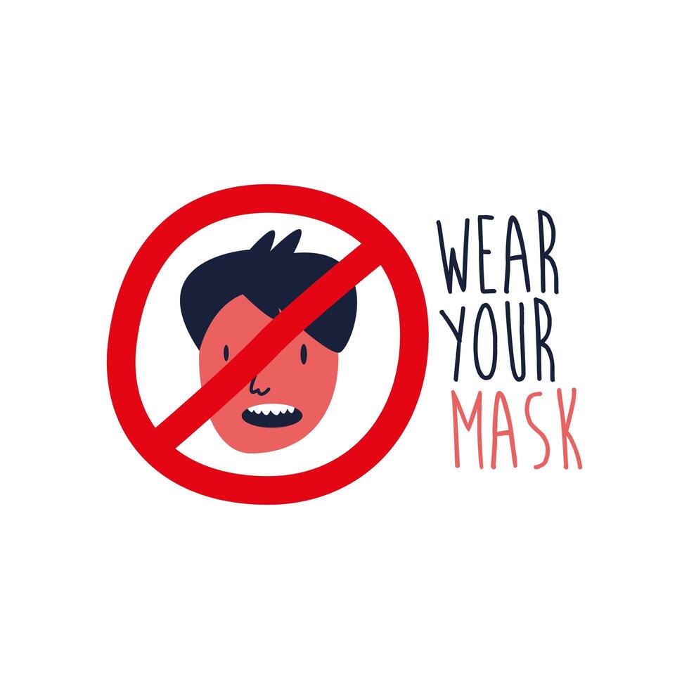 wear your mask lettering campaign with man in denied symbol flat style vector