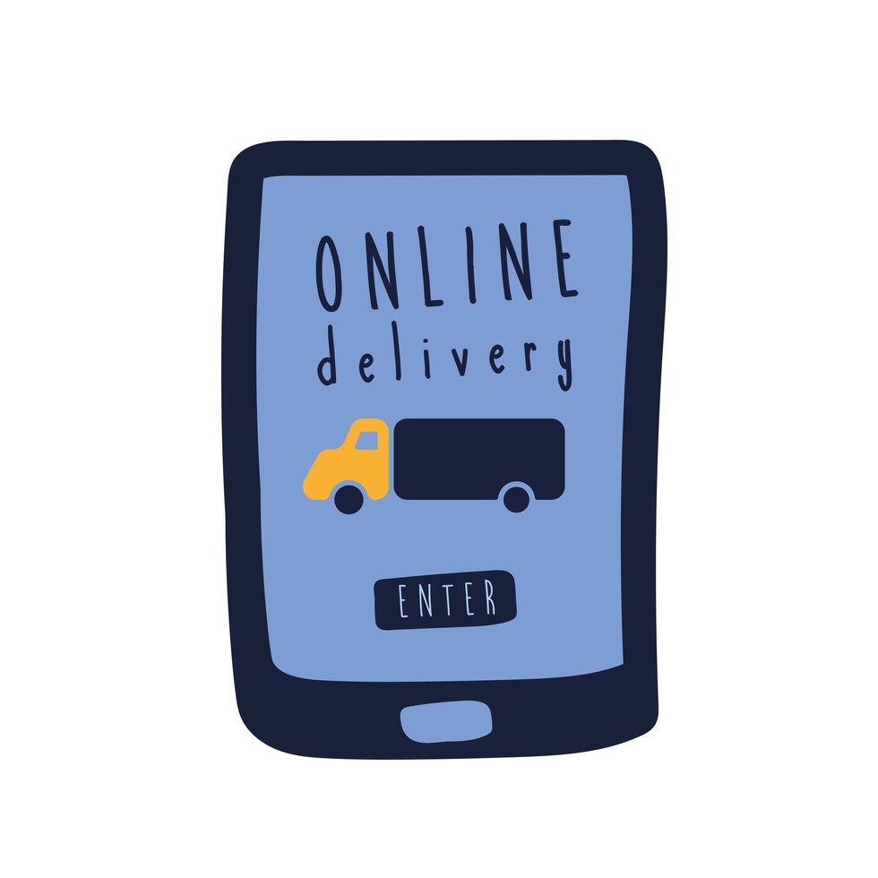onflat delivery lettering campaign with truck in smartphone flat style vector